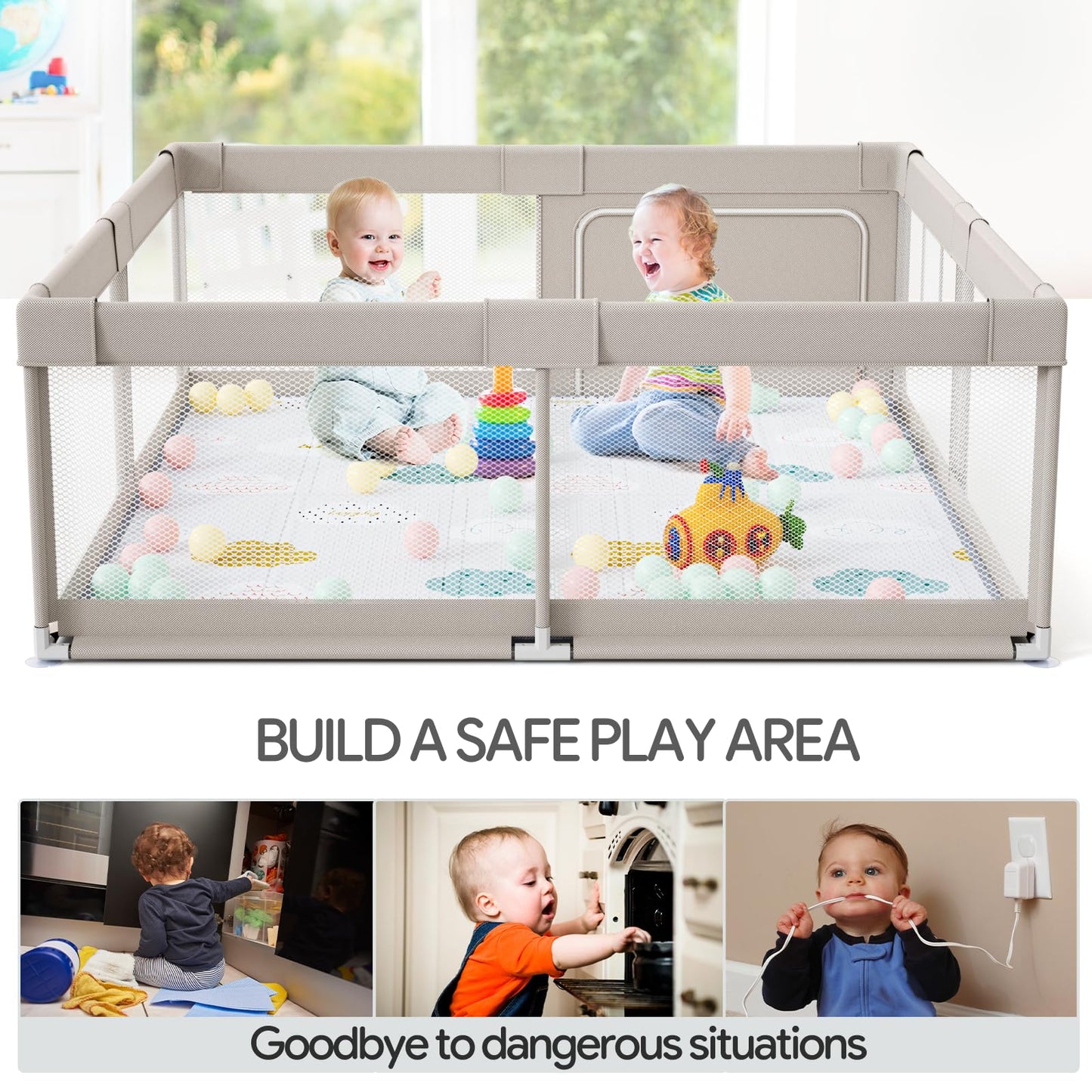 Baby Playpen with Mat, 59x59inch Playpen for Babies and Toddlers, Kids Play Pen, Extra Large Baby Playpen,Baby Fence,Big Playpen for Infants with Gate,Playard for Baby