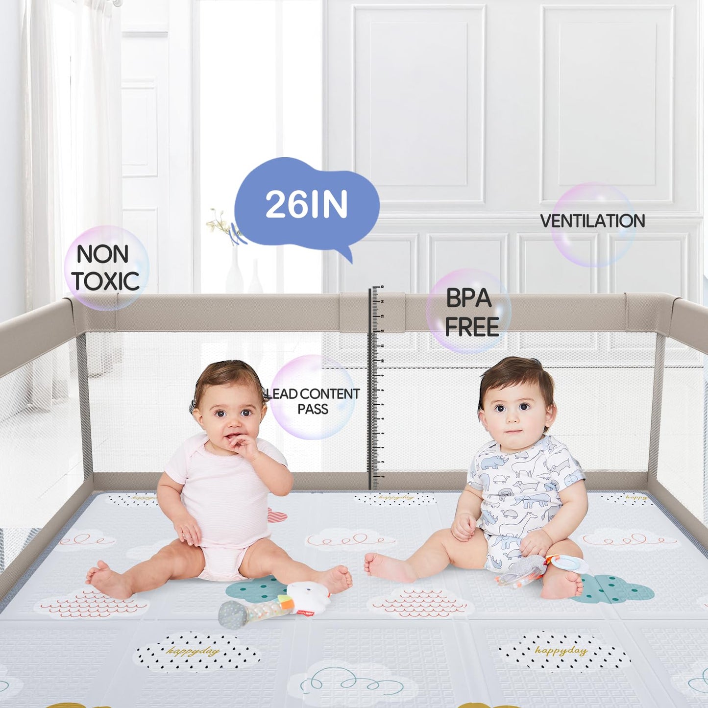 Baby Playpen with Mat, 59x59inch Playpen for Babies and Toddlers, Kids Play Pen, Extra Large Baby Playpen,Baby Fence,Big Playpen for Infants with Gate,Playard for Baby