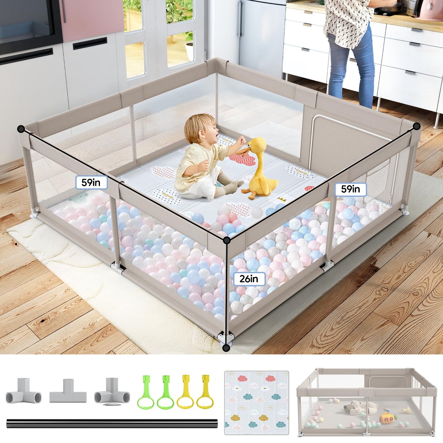 Baby Playpen with Mat, 59x59inch Playpen for Babies and Toddlers, Kids Play Pen, Extra Large Baby Playpen,Baby Fence,Big Playpen for Infants with Gate,Playard for Baby