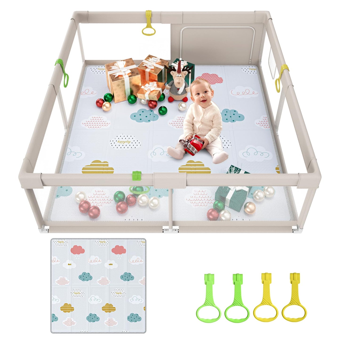 Baby Playpen with Mat, 59x59inch Playpen for Babies and Toddlers, Kids Play Pen, Extra Large Baby Playpen,Baby Fence,Big Playpen for Infants with Gate,Playard for Baby