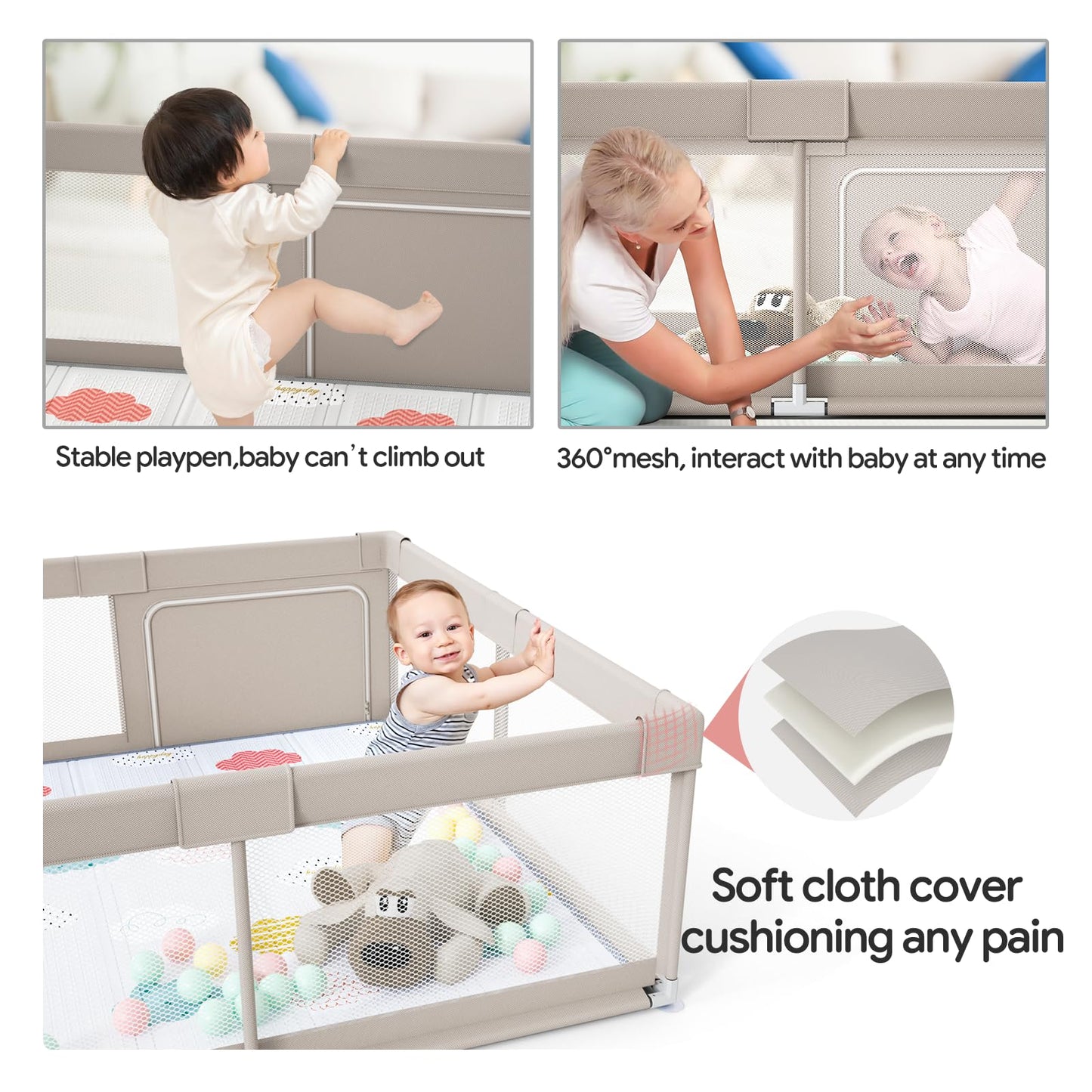 Baby Playpen with Mat, 59x59inch Playpen for Babies and Toddlers, Kids Play Pen, Extra Large Baby Playpen,Baby Fence,Big Playpen for Infants with Gate,Playard for Baby