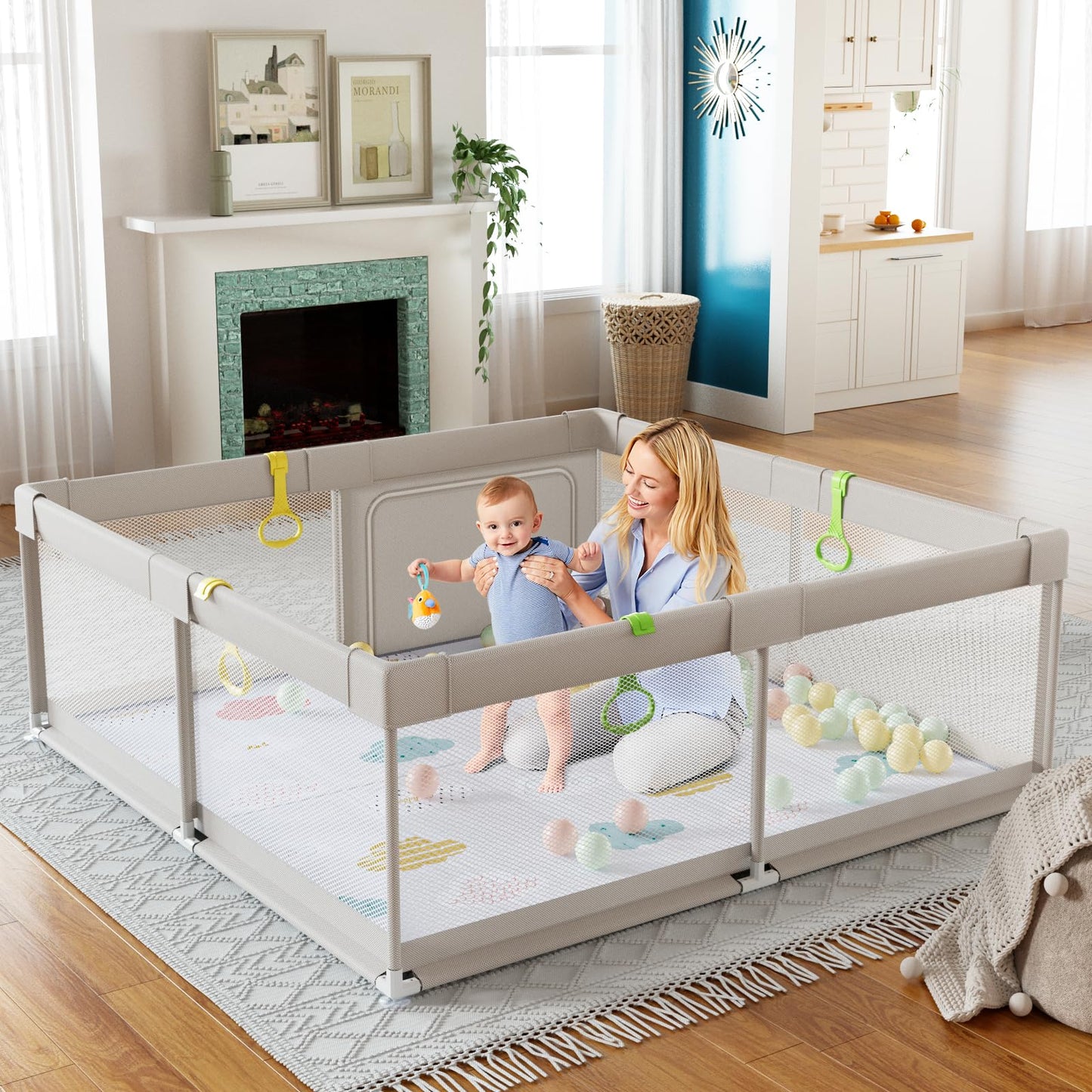 Baby Playpen with Mat, 59x59inch Playpen for Babies and Toddlers, Kids Play Pen, Extra Large Baby Playpen,Baby Fence,Big Playpen for Infants with Gate,Playard for Baby