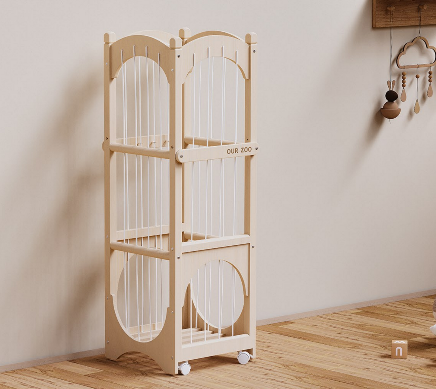 Wooden Stuffed Animal Storage Organizer with Wheels – Extra Large Plush Toy Cage, Toy Holder for Kids' Room, Nursery, or Playroom