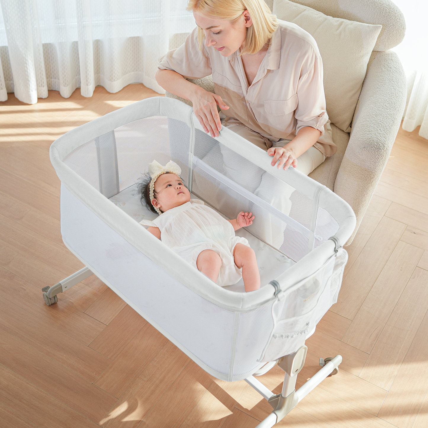 Fodoss Baby Bassinets Bedside Sleeper - All Mesh Bedside Bassinet with Wheels, 7 Height Adjustable Baby Bassinet for Infants, Beige