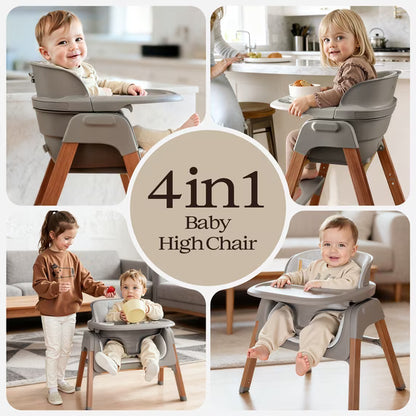 Family Baby Feeding Chair Foldable Convertible High Chair with Harness, Easy Clean Metal Frame, Removable Tray Gray