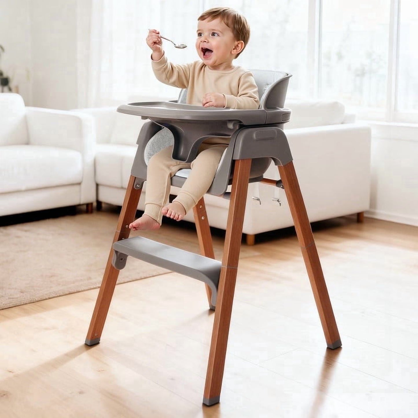 Family Baby Feeding Chair Foldable Convertible High Chair with Harness, Easy Clean Metal Frame, Removable Tray Gray