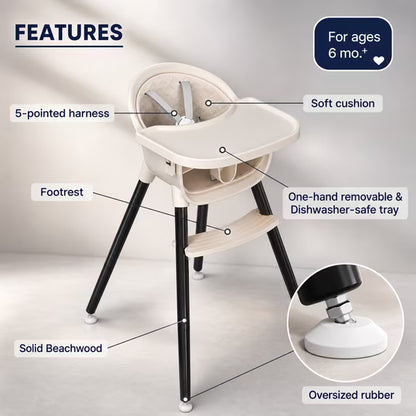 FOSSA 3-in-1 Wooden High Chair for Babies and Toddlers Easy Clean Baby Feeding Chair with Sponge Cushion Black