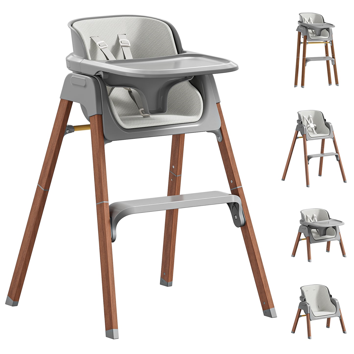 Fodoss Baby High Chair, 4-in-1 Convertible Gray for Babies & Toddlers | Grows with kids across stages, Thick Wood-print Metal Frame ensures stability, 5-point harness & dishwasher-safe tray