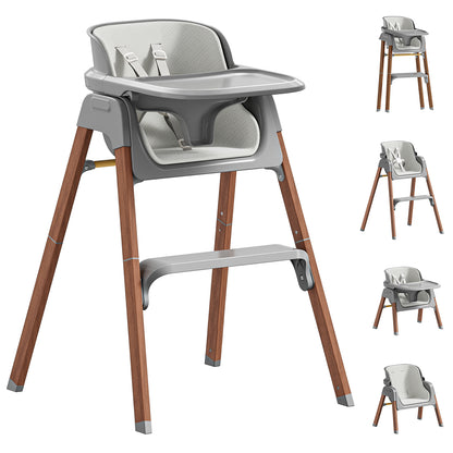 Fodoss Baby High Chair, 4-in-1 Convertible Gray for Babies & Toddlers | Grows with kids across stages, Thick Wood-print Metal Frame ensures stability, 5-point harness & dishwasher-safe tray