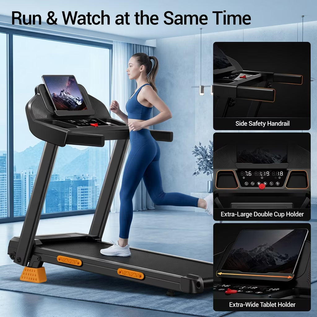 Portable 15% Incline Folding Treadmill for Home, 3.0HP Motor, 400LB Capacity, Walking Pad with Handrails & 3 LED Displays
