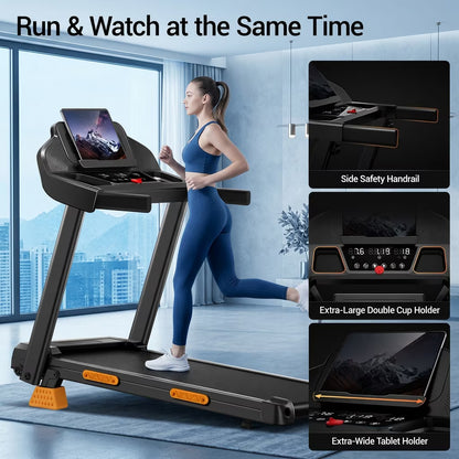 Portable 15% Incline Folding Treadmill for Home, 3.0HP Motor, 400LB Capacity, Walking Pad with Handrails & 3 LED Displays
