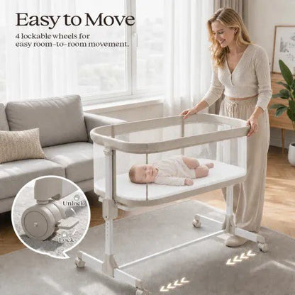 Baby Bassinets with Wheels & High-Density Cotton Fiber Mattress Height Adjustable Baby Crib for Infants, Beige