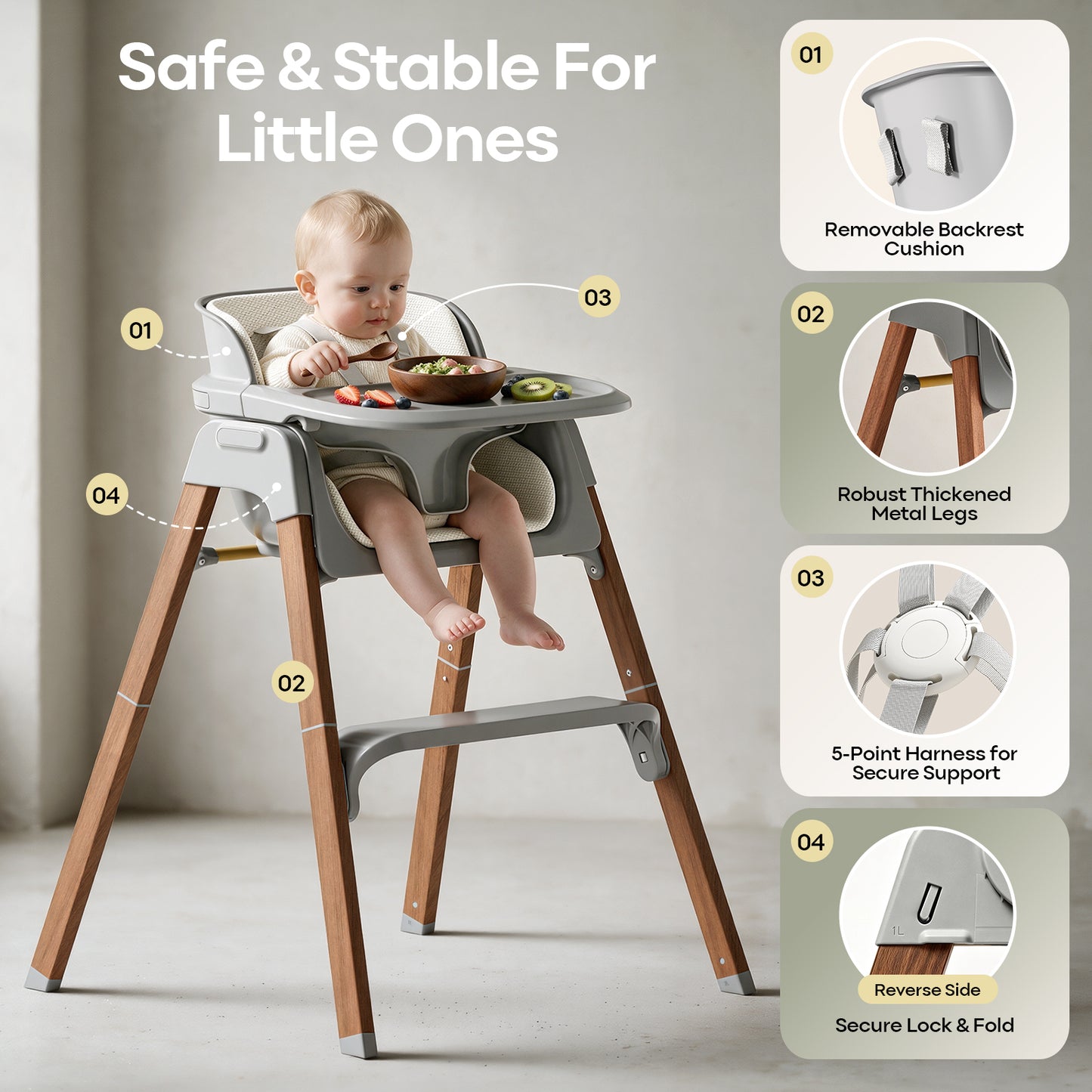 Fodoss Baby High Chair, 4-in-1 Convertible Gray for Babies & Toddlers | Grows with kids across stages, Thick Wood-print Metal Frame ensures stability, 5-point harness & dishwasher-safe tray