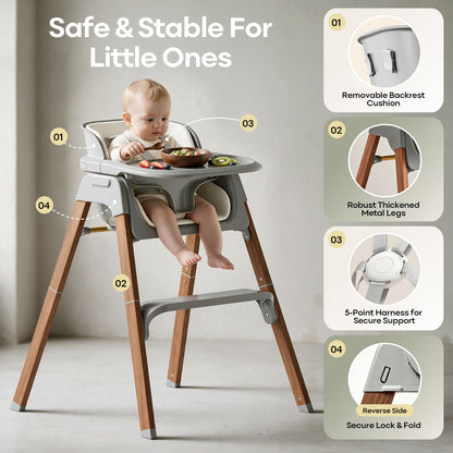 Fodoss Baby High Chair, 4-in-1 Convertible Gray for Babies & Toddlers | Grows with kids across stages, Thick Wood-print Metal Frame ensures stability, 5-point harness & dishwasher-safe tray