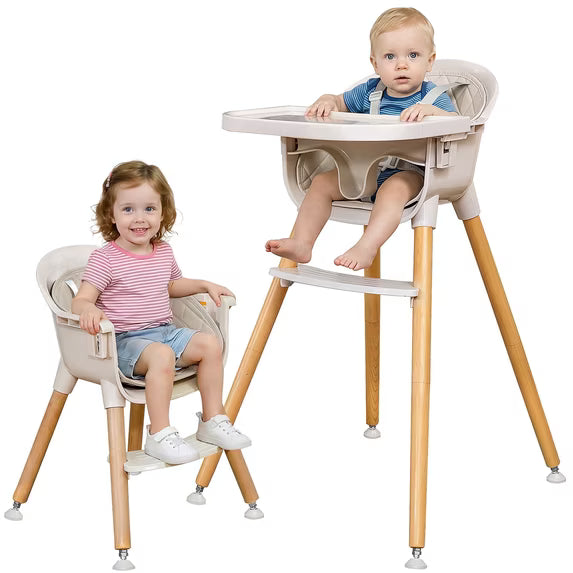 Fodoss 3-in-1 Wooden High Chair for Babies and Toddlers Easy Clean Baby Feeding Chair with Sponge Cushion Beige