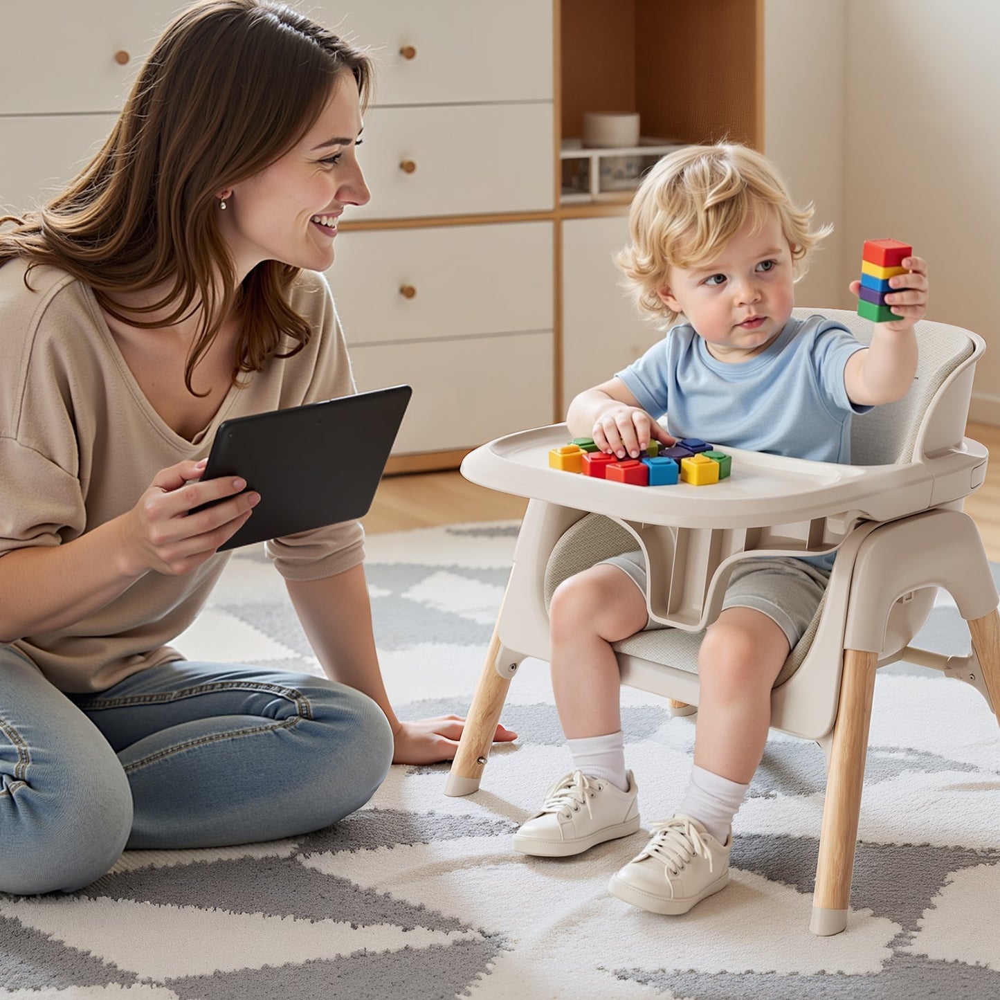 4-in-1 Baby Feeding Chairs with Detachable Dishwasher Tray for Babies and Toddlers Easy Clean High chair Beige