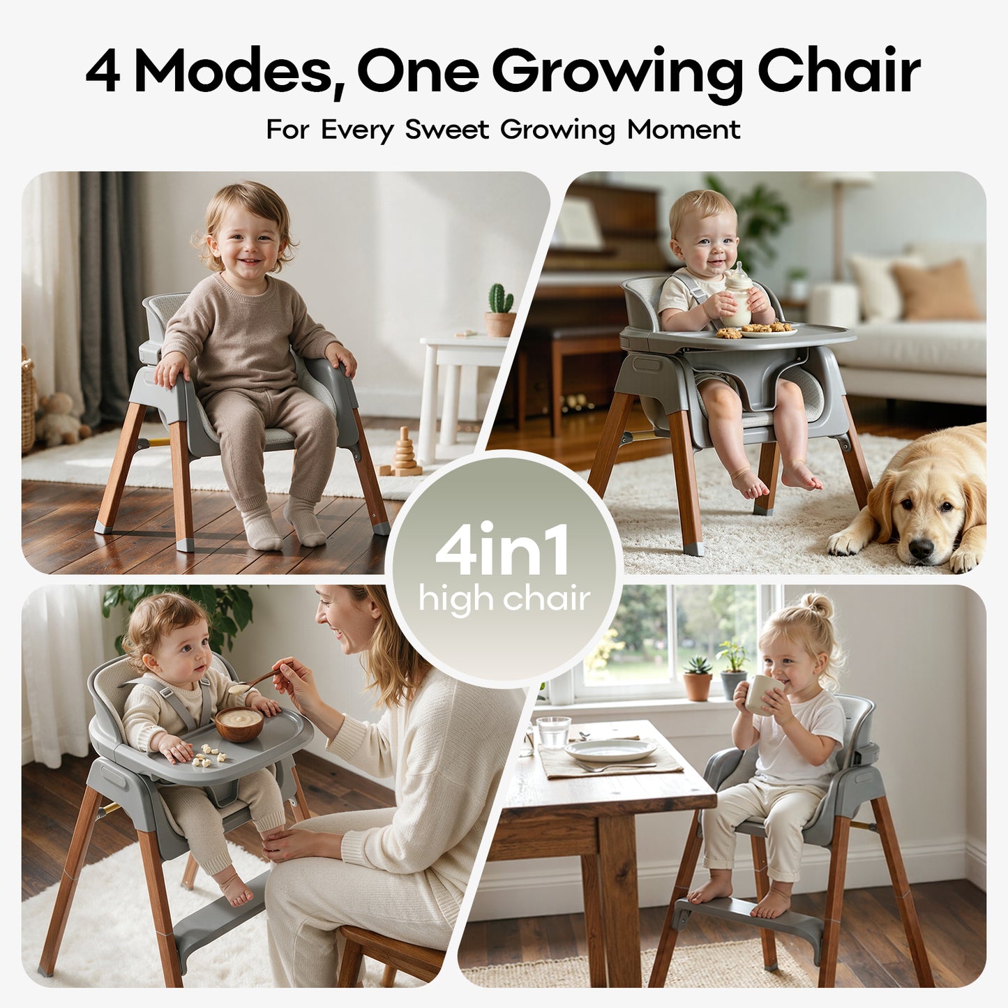 Fodoss Baby High Chair, 4-in-1 Convertible Gray for Babies & Toddlers | Grows with kids across stages, Thick Wood-print Metal Frame ensures stability, 5-point harness & dishwasher-safe tray