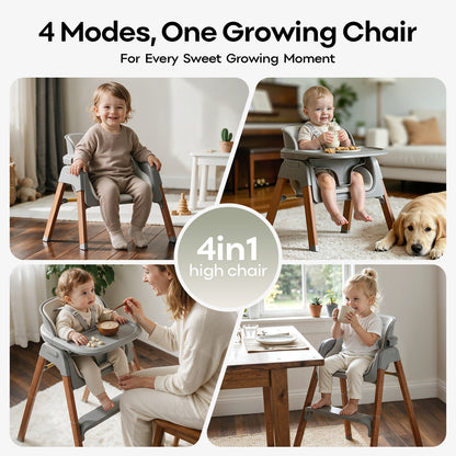 Fodoss Baby High Chair, 4-in-1 Convertible Gray for Babies & Toddlers | Grows with kids across stages, Thick Wood-print Metal Frame ensures stability, 5-point harness & dishwasher-safe tray