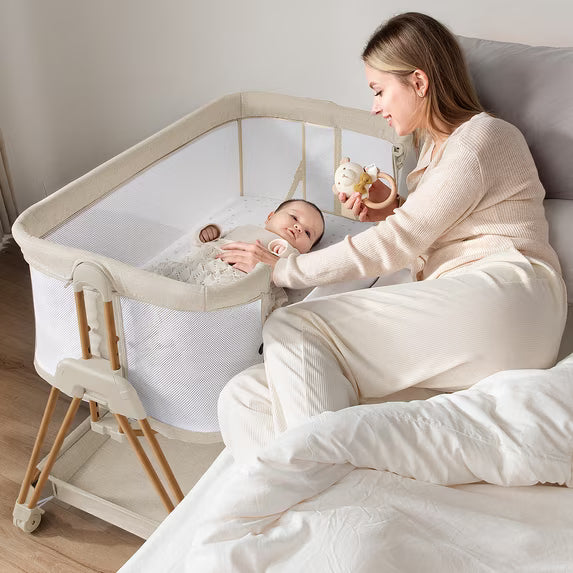3-in-1 Baby Bassinets Bedside Sleeper Height Adjustable Baby Crib for Infants with Wheels,Storage Tray, Full-Mesh Sides Beige