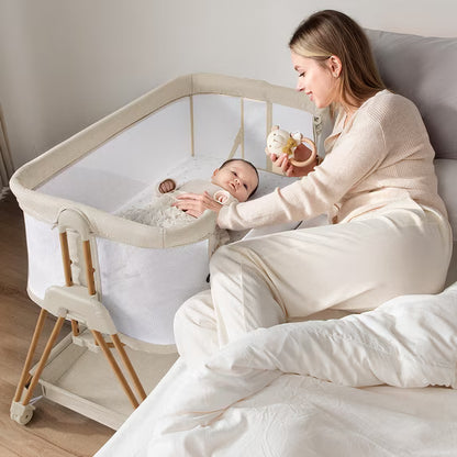 3-in-1 Baby Bassinets Bedside Sleeper Height Adjustable Baby Crib for Infants with Wheels,Storage Tray, Full-Mesh Sides Beige