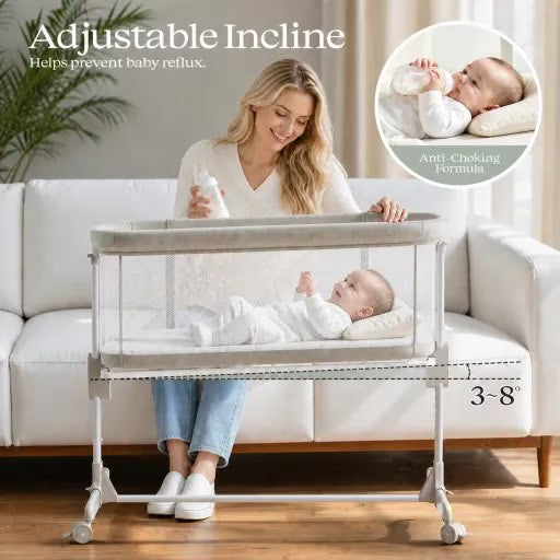 Baby Bassinets with Wheels & High-Density Cotton Fiber Mattress Height Adjustable Baby Crib for Infants, Beige