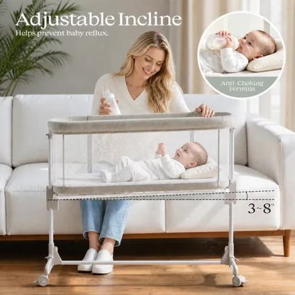 Baby Bassinets with Wheels & High-Density Cotton Fiber Mattress Height Adjustable Baby Crib for Infants, Beige