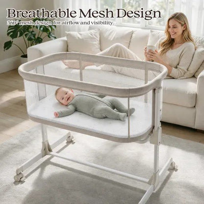 Baby Bassinets with Wheels & High-Density Cotton Fiber Mattress Height Adjustable Baby Crib for Infants, Beige