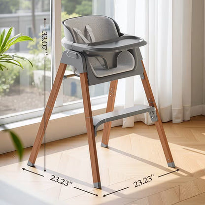 Family Baby Feeding Chair Foldable Convertible High Chair with Harness, Easy Clean Metal Frame, Removable Tray Gray