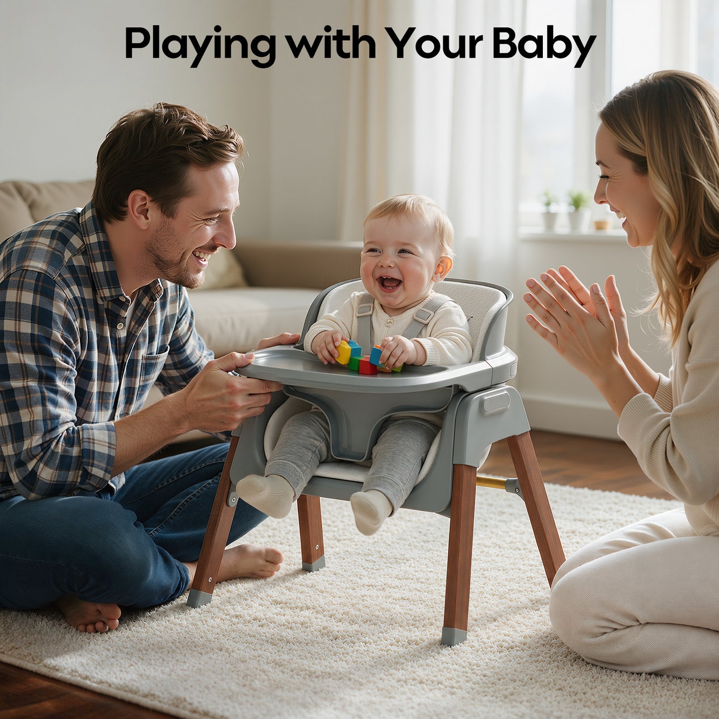 Fodoss Baby High Chair, 4-in-1 Convertible Gray for Babies & Toddlers | Grows with kids across stages, Thick Wood-print Metal Frame ensures stability, 5-point harness & dishwasher-safe tray