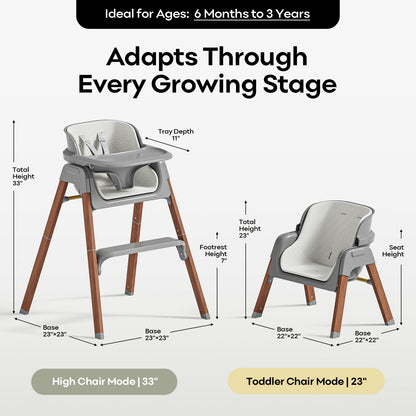 Fodoss Baby High Chair, 4-in-1 Convertible Gray for Babies & Toddlers | Grows with kids across stages, Thick Wood-print Metal Frame ensures stability, 5-point harness & dishwasher-safe tray