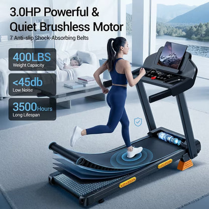 Portable 15% Incline Folding Treadmill for Home, 3.0HP Motor, 400LB Capacity, Walking Pad with Handrails & 3 LED Displays