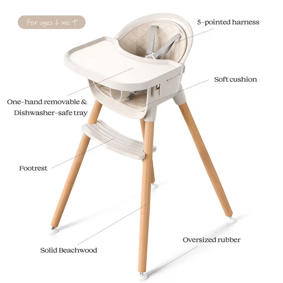 Fodoss 3-in-1 Wooden High Chair for Babies and Toddlers Easy Clean Baby Feeding Chair with Sponge Cushion Beige