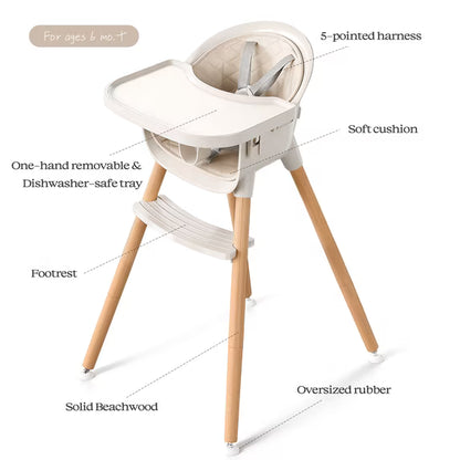Fodoss 3-in-1 Wooden High Chair for Babies and Toddlers Easy Clean Baby Feeding Chair with Sponge Cushion Beige