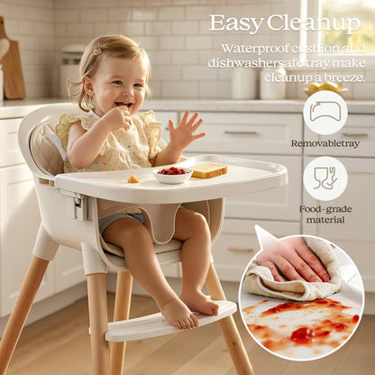 Fodoss 3-in-1 Wooden High Chair for Babies and Toddlers Easy Clean Baby Feeding Chair with Sponge Cushion Beige