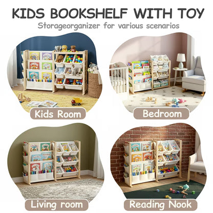 F0SSA Kids Toy Storage Organizer with 12 Bins & 4-Tier Bookshelf Sturdy Wooden Shelf for Kids’ Bedroom Space-Saving Cube Storage for Toys&Books