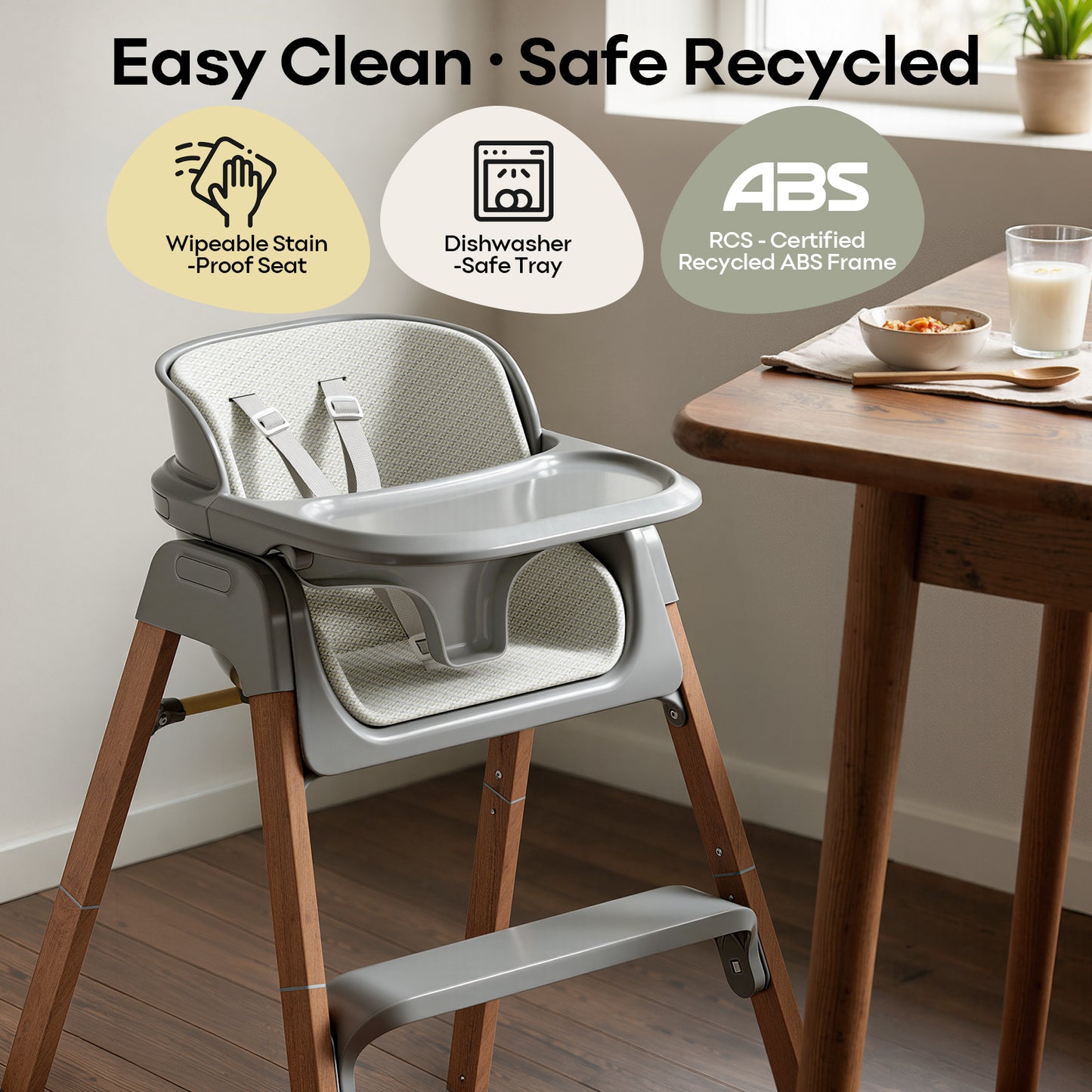 Fodoss Baby High Chair, 4-in-1 Convertible Gray for Babies & Toddlers | Grows with kids across stages, Thick Wood-print Metal Frame ensures stability, 5-point harness & dishwasher-safe tray