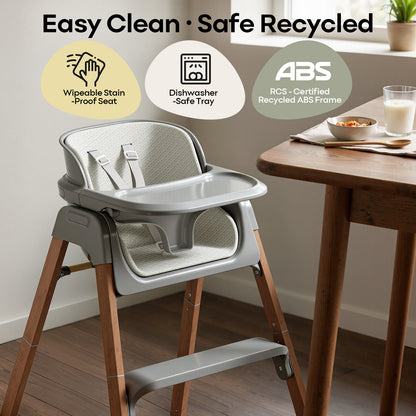 Fodoss Baby High Chair, 4-in-1 Convertible Gray for Babies & Toddlers | Grows with kids across stages, Thick Wood-print Metal Frame ensures stability, 5-point harness & dishwasher-safe tray