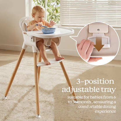 Fodoss 3-in-1 Wooden High Chair for Babies and Toddlers Easy Clean Baby Feeding Chair with Sponge Cushion Beige