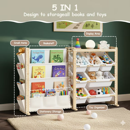 F0SSA Kids Toy Storage Organizer with 12 Bins & 4-Tier Bookshelf Sturdy Wooden Shelf for Kids’ Bedroom Space-Saving Cube Storage for Toys&Books