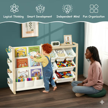 F0SSA Kids Toy Storage Organizer with 12 Bins & 4-Tier Bookshelf Sturdy Wooden Shelf for Kids’ Bedroom Space-Saving Cube Storage for Toys&Books