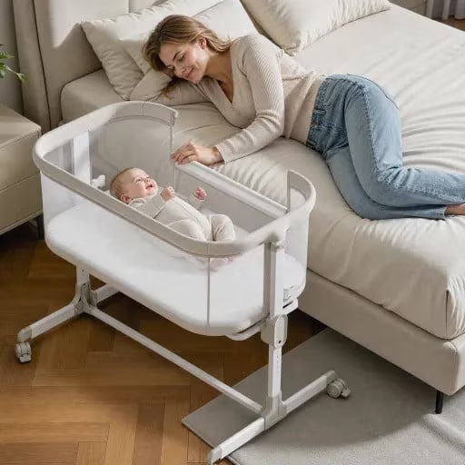 Baby Bassinets with Wheels & High-Density Cotton Fiber Mattress Height Adjustable Baby Crib for Infants, Beige
