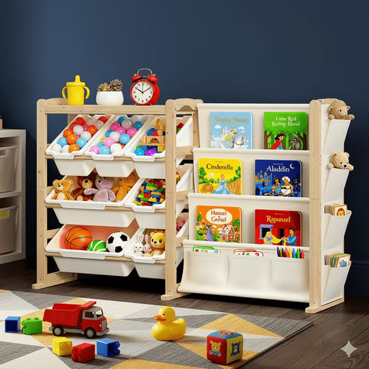F0SSA Kids Toy Storage Organizer with 12 Bins & 4-Tier Bookshelf Sturdy Wooden Shelf for Kids’ Bedroom Space-Saving Cube Storage for Toys&Books