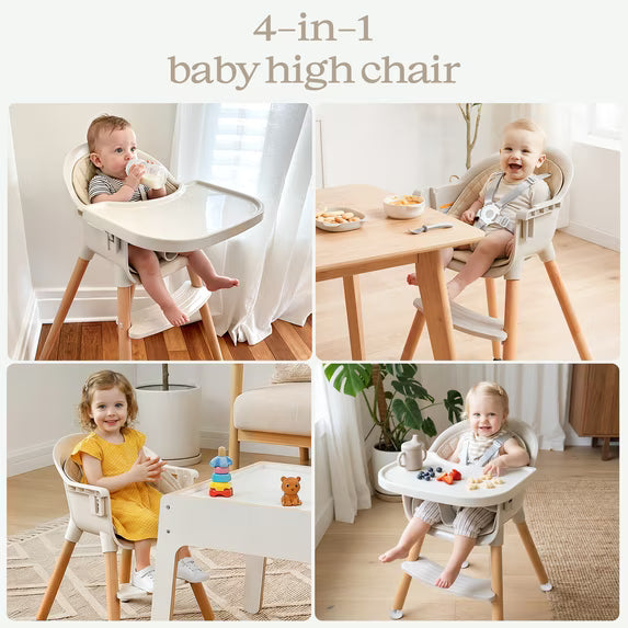 Fodoss 3-in-1 Wooden High Chair for Babies and Toddlers Easy Clean Baby Feeding Chair with Sponge Cushion Beige