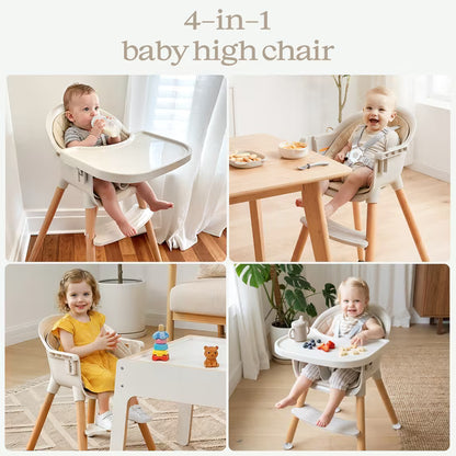 Fodoss 3-in-1 Wooden High Chair for Babies and Toddlers Easy Clean Baby Feeding Chair with Sponge Cushion Beige