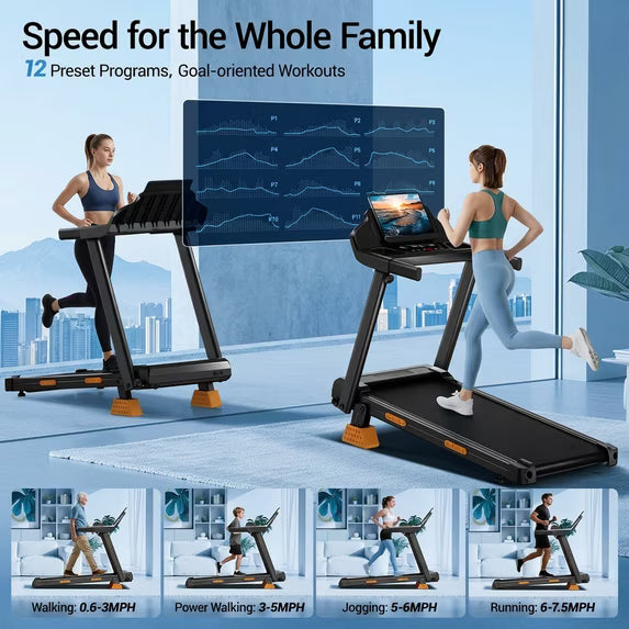 Portable 15% Incline Folding Treadmill for Home, 3.0HP Motor, 400LB Capacity, Walking Pad with Handrails & 3 LED Displays