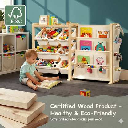 F0SSA Kids Toy Storage Organizer with 12 Bins & 4-Tier Bookshelf Sturdy Wooden Shelf for Kids’ Bedroom Space-Saving Cube Storage for Toys&Books