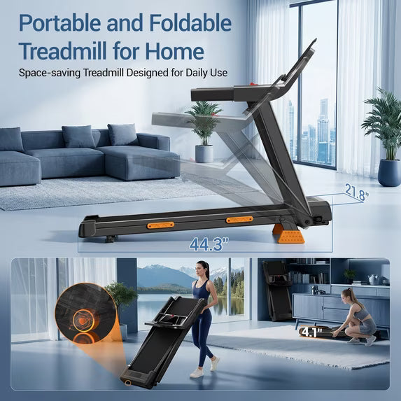 Portable 15% Incline Folding Treadmill for Home, 3.0HP Motor, 400LB Capacity, Walking Pad with Handrails & 3 LED Displays