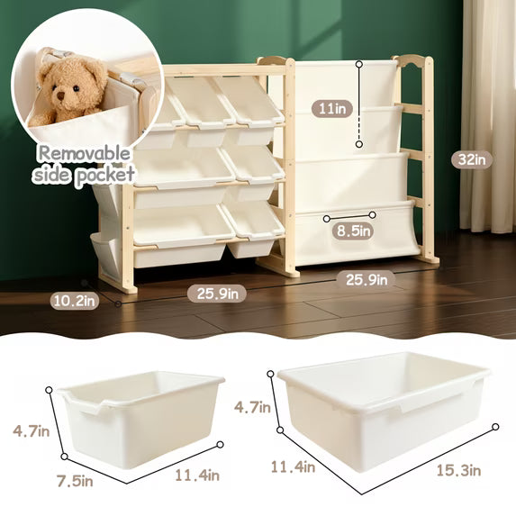 F0SSA Kids Toy Storage Organizer with 12 Bins & 4-Tier Bookshelf Sturdy Wooden Shelf for Kids’ Bedroom Space-Saving Cube Storage for Toys&Books