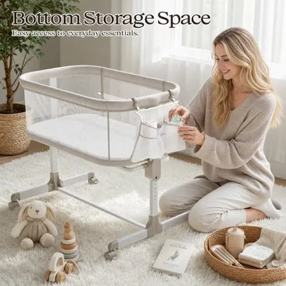 Baby Bassinets with Wheels & High-Density Cotton Fiber Mattress Height Adjustable Baby Crib for Infants, Beige