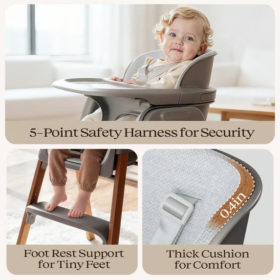 Family Baby Feeding Chair Foldable Convertible High Chair with Harness, Easy Clean Metal Frame, Removable Tray Gray